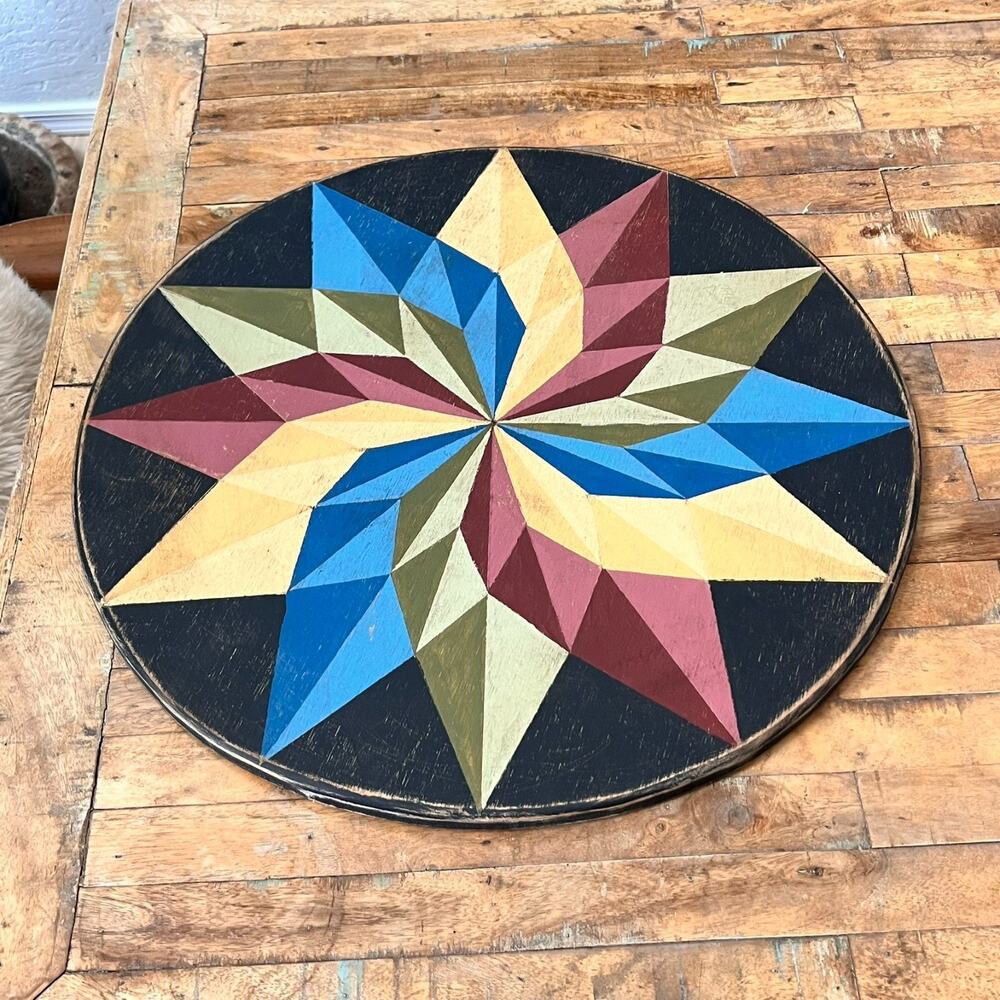Round Hand-painted Wooden Barn Quilt 23" Wall Hanging Multicolor Burst Star